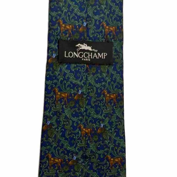 Longchamp Paris Equestrian Vintage Green Blue 100% Silk Tie 56” x 3.5” Italy - Picture 2 of 6